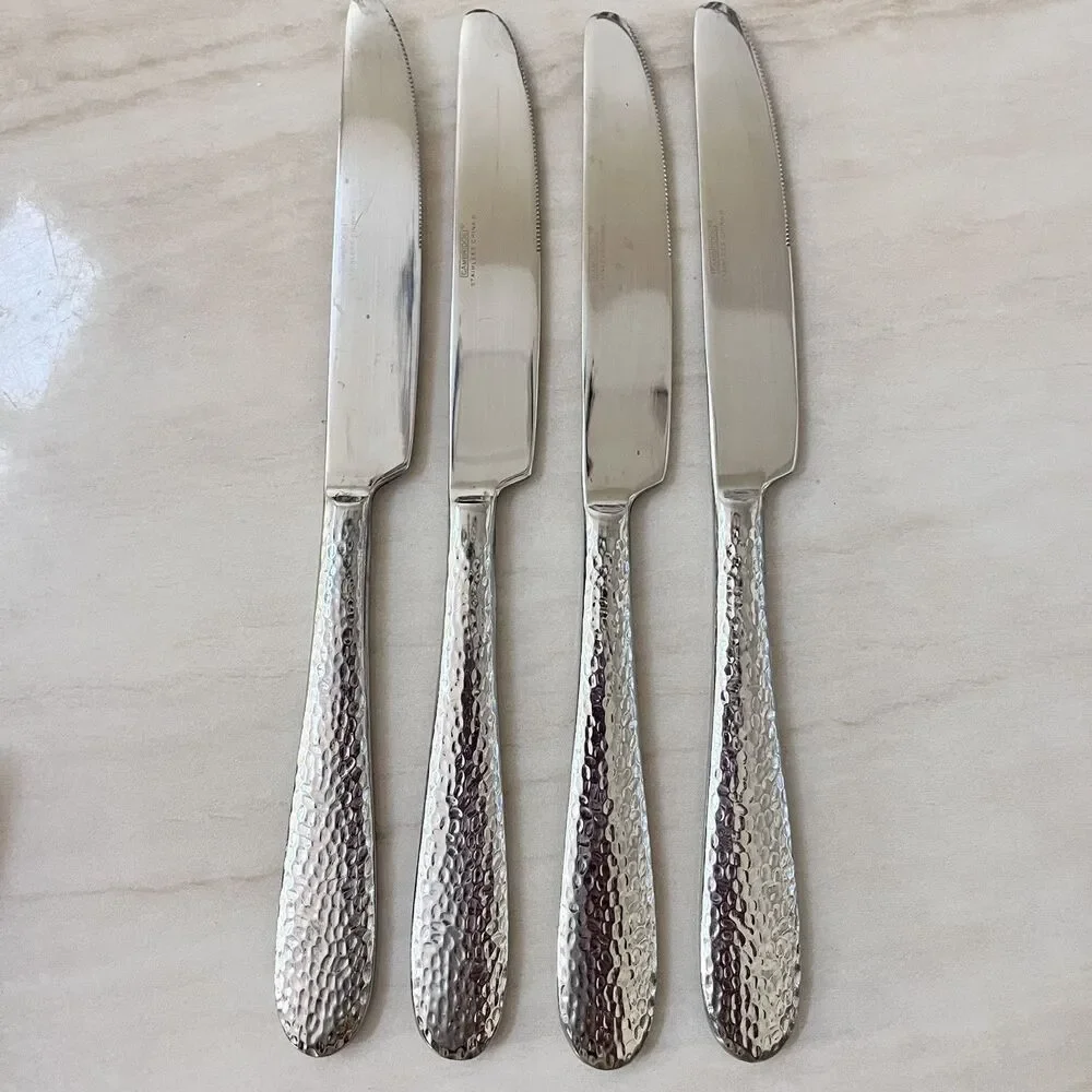 4pc CAMBRIDGE Rendezvous Stainless Dinner Knife 9 in Flatware Hammered Round Tip